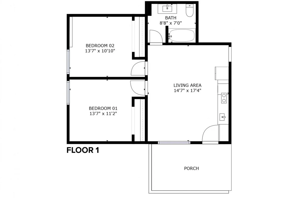 This image provides a wide view of the living area, kitchenette, bedrooms, bathroom, and porch. The scene is cozy and inviting, showing communal spaces that emphasize comfort and self-sufficiency within the suite. The porch is visible, connecting the interior to the outside and hinting at the private, self-contained nature of the unit.
